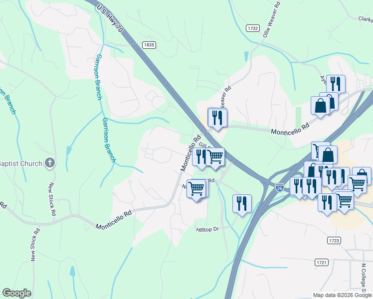 map of restaurants, bars, coffee shops, grocery stores, and more near 105 Holston View Drive in Weaverville