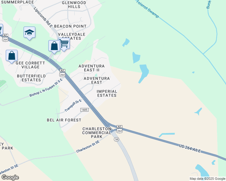 map of restaurants, bars, coffee shops, grocery stores, and more near 2222 Imperial Avenue East in Wilson
