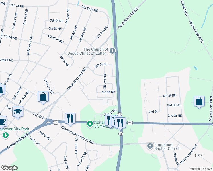 map of restaurants, bars, coffee shops, grocery stores, and more near 320 9th Avenue Northeast in Conover