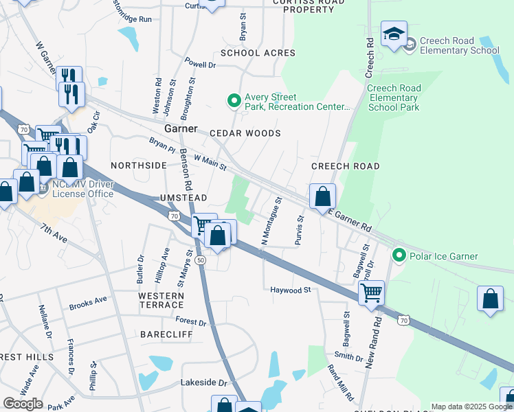map of restaurants, bars, coffee shops, grocery stores, and more near 153 Pearl Street in Garner