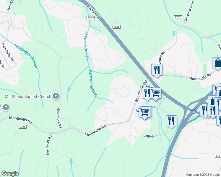 map of restaurants, bars, coffee shops, grocery stores, and more near 59 Weaver View Circle in Weaverville