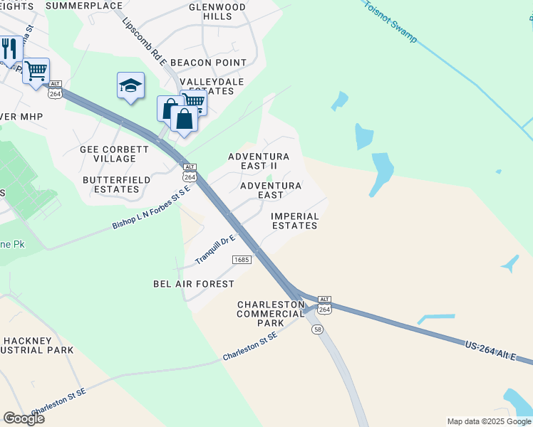 map of restaurants, bars, coffee shops, grocery stores, and more near 2410 Adventura Ln E in Wilson