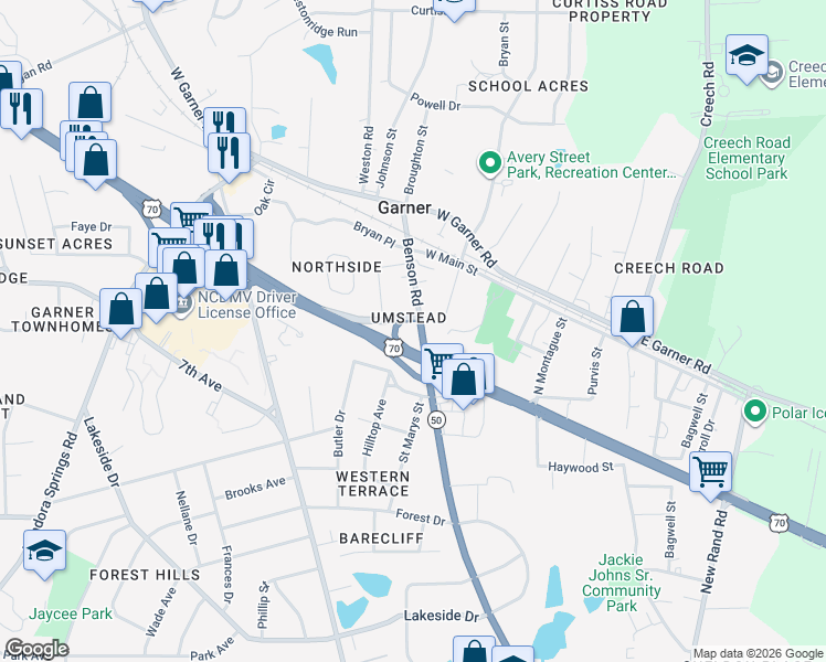 map of restaurants, bars, coffee shops, grocery stores, and more near 302 Benson Road in Garner