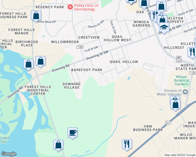 map of restaurants, bars, coffee shops, grocery stores, and more near 2212 Smallwood Street Southwest in Wilson