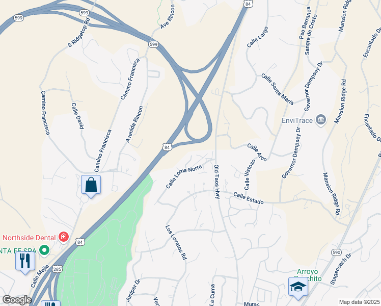 map of restaurants, bars, coffee shops, grocery stores, and more near 340 Calle Loma Norte in Santa Fe