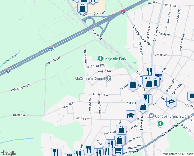 map of restaurants, bars, coffee shops, grocery stores, and more near 704 2nd Street Place Southwest in Conover