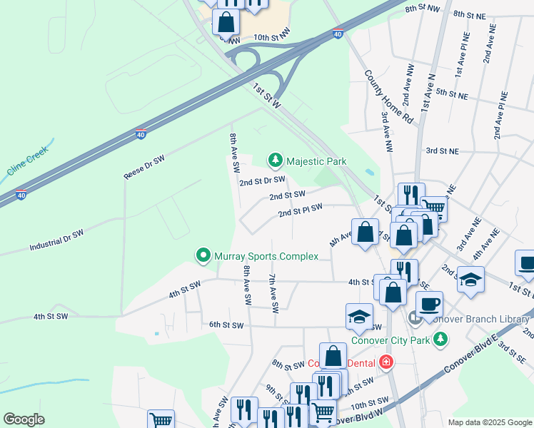map of restaurants, bars, coffee shops, grocery stores, and more near 704 2nd Street Place Southwest in Conover