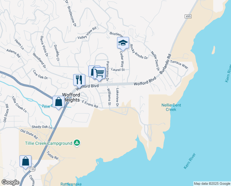 map of restaurants, bars, coffee shops, grocery stores, and more near 0 Lakeview Drive in Wofford Heights