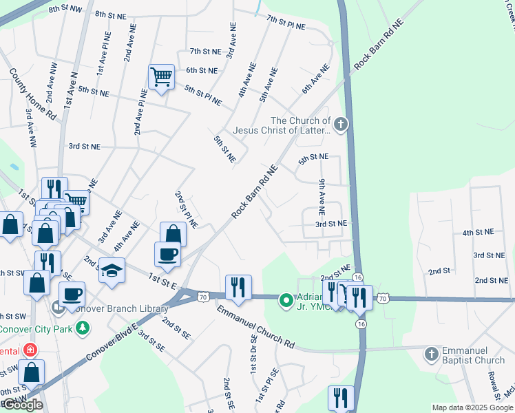 map of restaurants, bars, coffee shops, grocery stores, and more near 102 Brandywine Drive in Conover