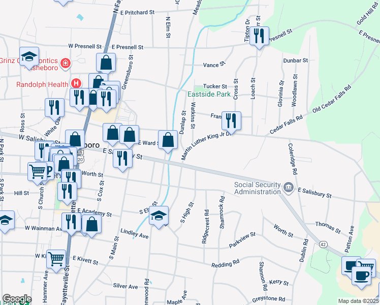 map of restaurants, bars, coffee shops, grocery stores, and more near 506 Martin Luther King Junior Drive in Asheboro