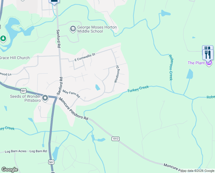 map of restaurants, bars, coffee shops, grocery stores, and more near 438 May Farm Road in Pittsboro