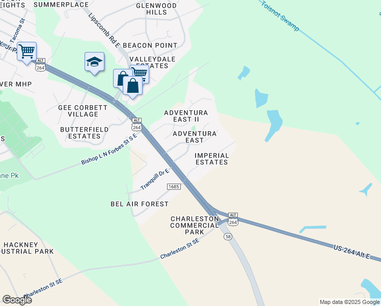 map of restaurants, bars, coffee shops, grocery stores, and more near 2410 Adventura Ln E in Wilson