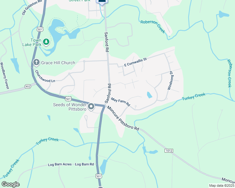 map of restaurants, bars, coffee shops, grocery stores, and more near 901 Sanford Road in Pittsboro