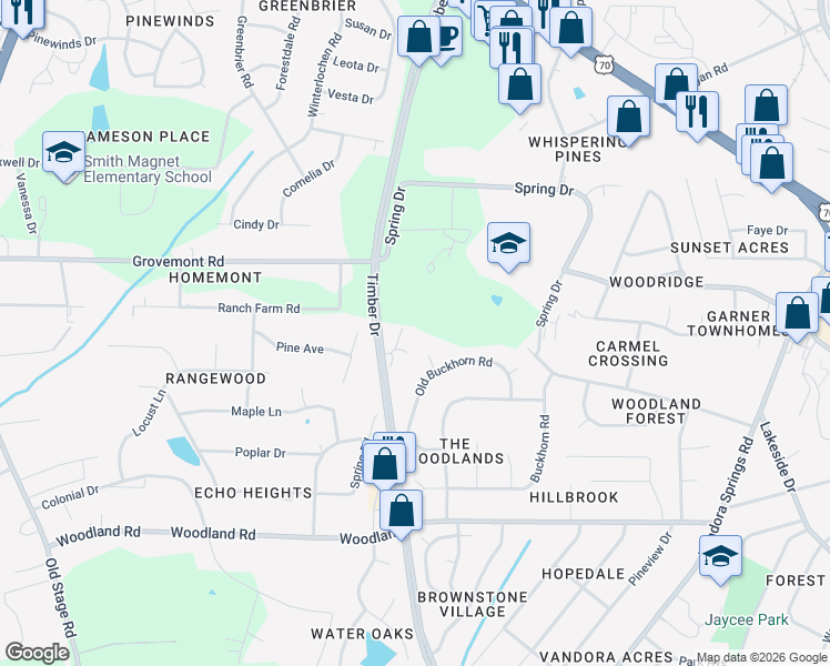 map of restaurants, bars, coffee shops, grocery stores, and more near 4065 Spring Road in Raleigh