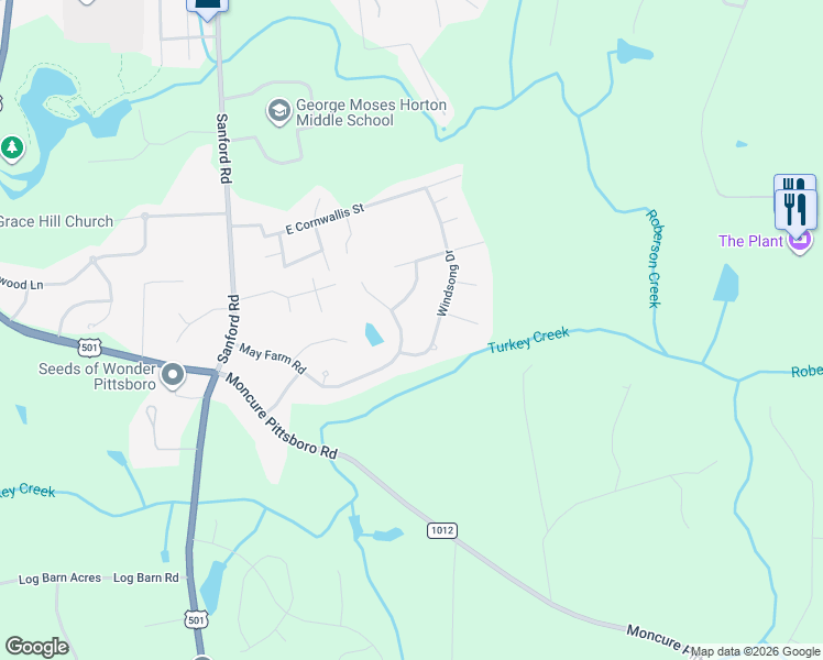 map of restaurants, bars, coffee shops, grocery stores, and more near 438 May Farm Road in Pittsboro
