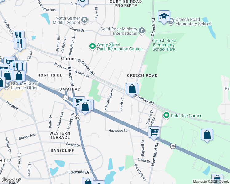 map of restaurants, bars, coffee shops, grocery stores, and more near 217 West Main Street in Garner