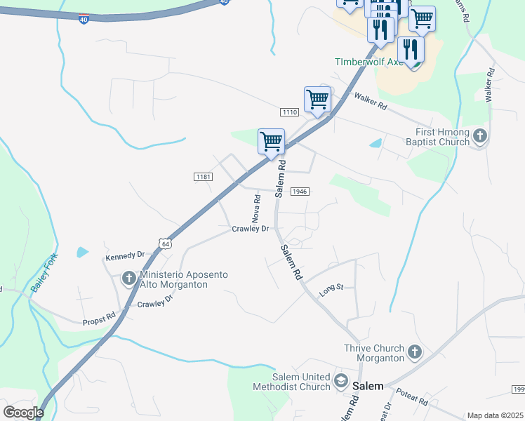 map of restaurants, bars, coffee shops, grocery stores, and more near 207 Nova Road in Morganton