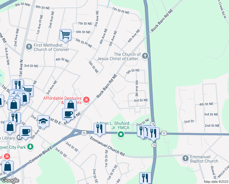 map of restaurants, bars, coffee shops, grocery stores, and more near 12 Conners Mobile Home Park in Conover