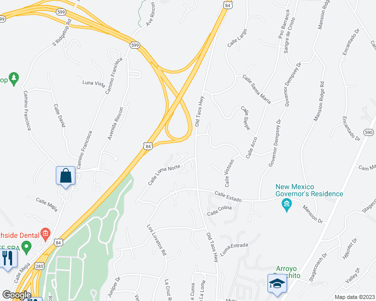 map of restaurants, bars, coffee shops, grocery stores, and more near 316 Calle Loma Norte in Santa Fe