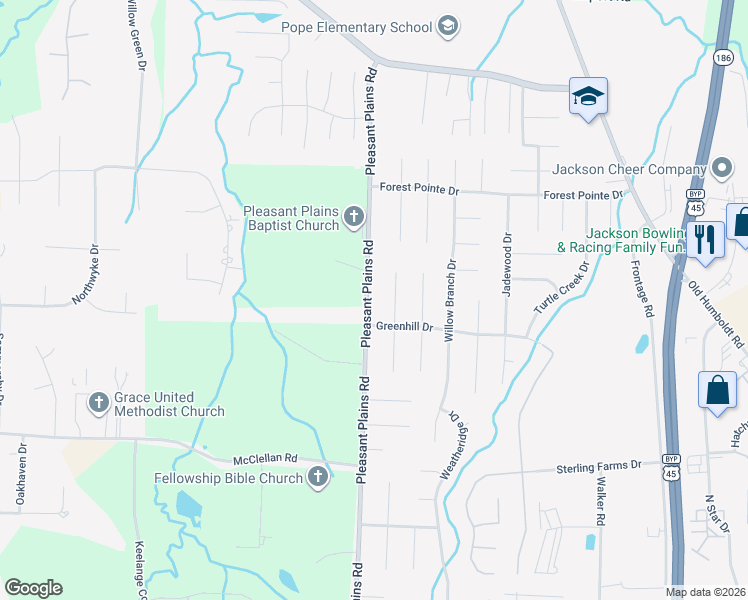 map of restaurants, bars, coffee shops, grocery stores, and more near 296 Pleasant Plains Road in Jackson
