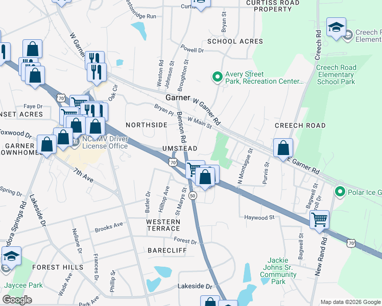 map of restaurants, bars, coffee shops, grocery stores, and more near 302 Benson Road in Garner