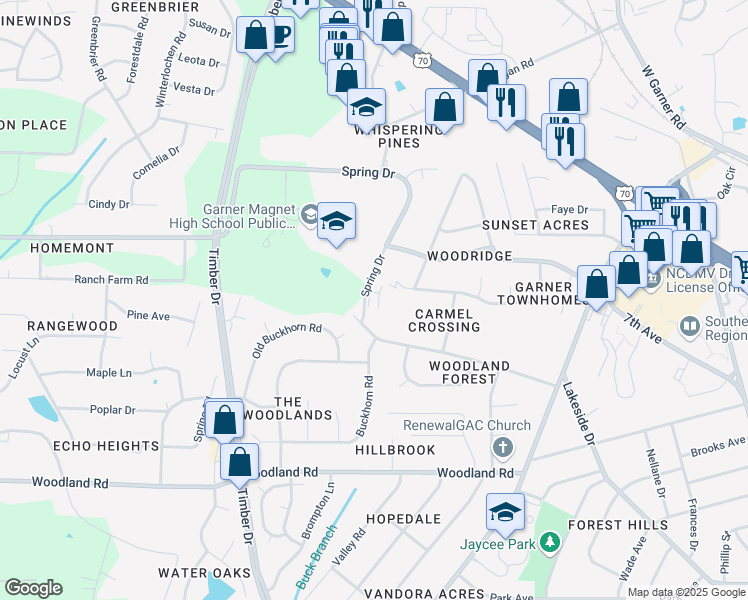 map of restaurants, bars, coffee shops, grocery stores, and more near 1824 Spring Drive in Garner