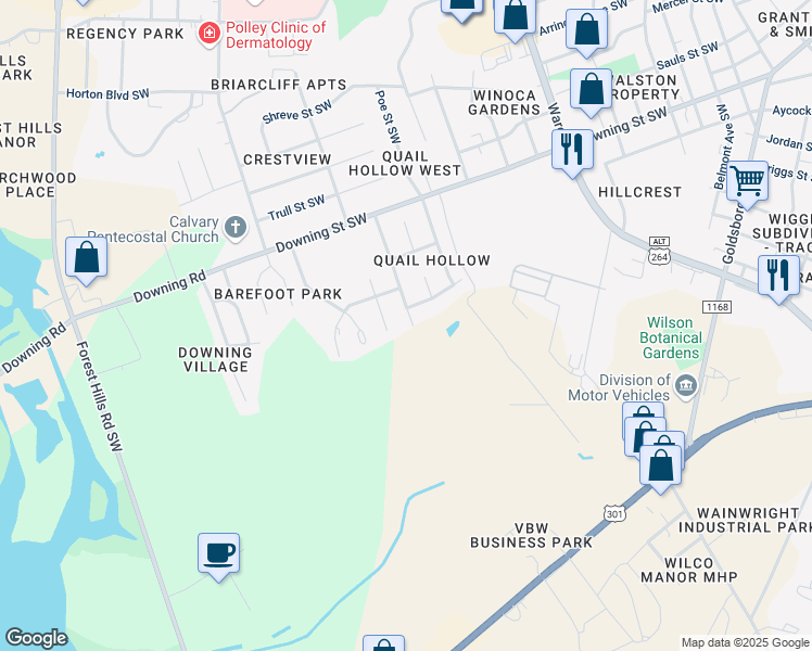 map of restaurants, bars, coffee shops, grocery stores, and more near 2218 Cameron Road Southwest in Wilson