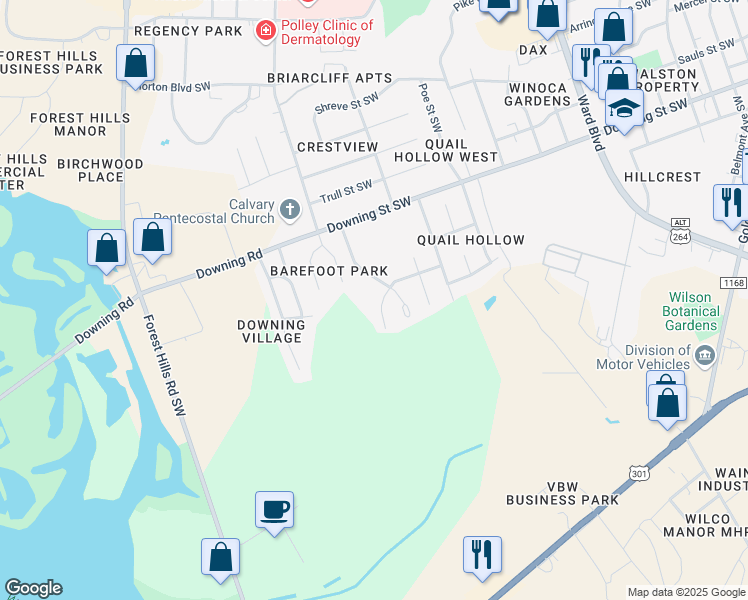 map of restaurants, bars, coffee shops, grocery stores, and more near 2208 Smallwood Street Southwest in Wilson