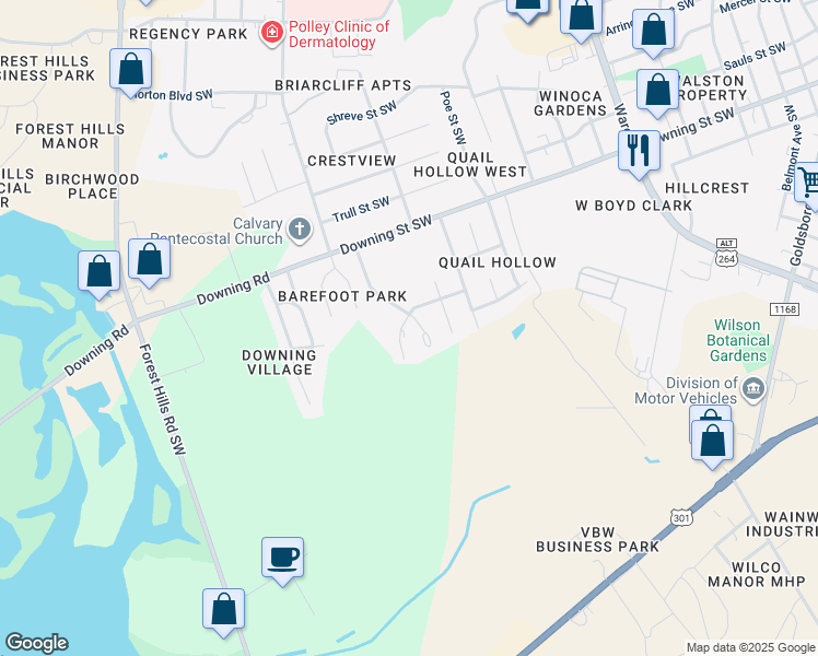 map of restaurants, bars, coffee shops, grocery stores, and more near 2208 Smallwood Street Southwest in Wilson
