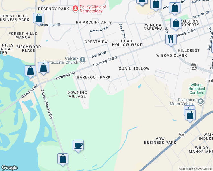 map of restaurants, bars, coffee shops, grocery stores, and more near 2208 Smallwood Street Southwest in Wilson