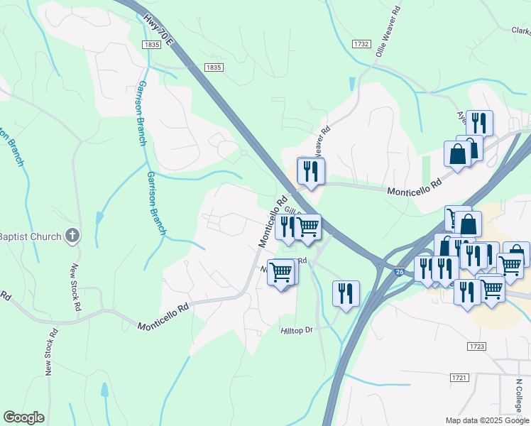 map of restaurants, bars, coffee shops, grocery stores, and more near 135 Monticello Road in Weaverville