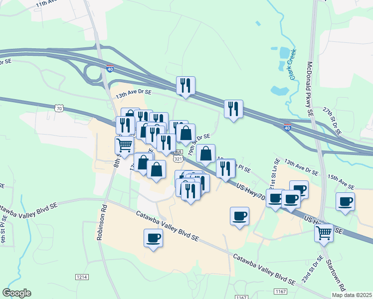 map of restaurants, bars, coffee shops, grocery stores, and more near 1855 US Highway 70 Southeast in Hickory