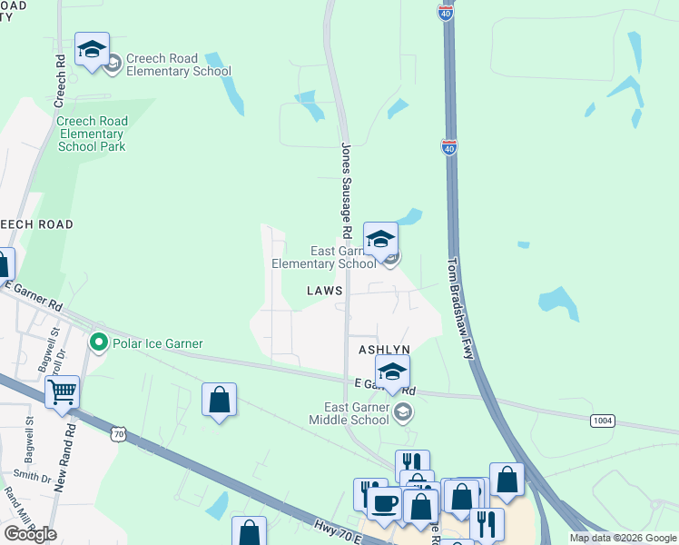 map of restaurants, bars, coffee shops, grocery stores, and more near 5622 Jones Sausage Rd in Garner