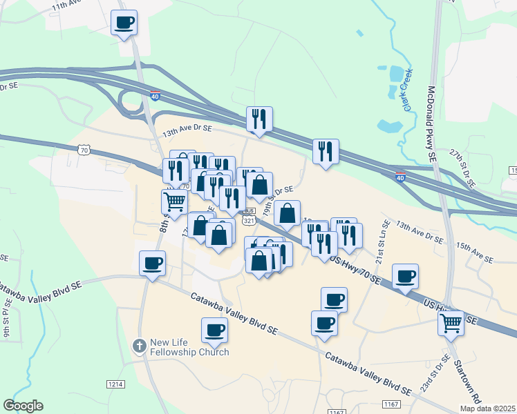 map of restaurants, bars, coffee shops, grocery stores, and more near 1855 US Highway 70 Southeast in Hickory