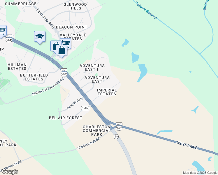 map of restaurants, bars, coffee shops, grocery stores, and more near 2221 Imperial Avenue East in Wilson