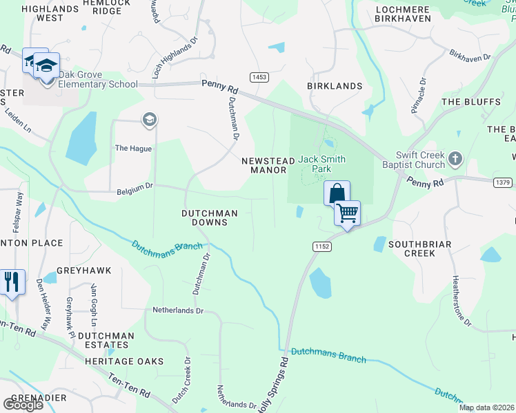 map of restaurants, bars, coffee shops, grocery stores, and more near 7801 Belgium Drive in Raleigh