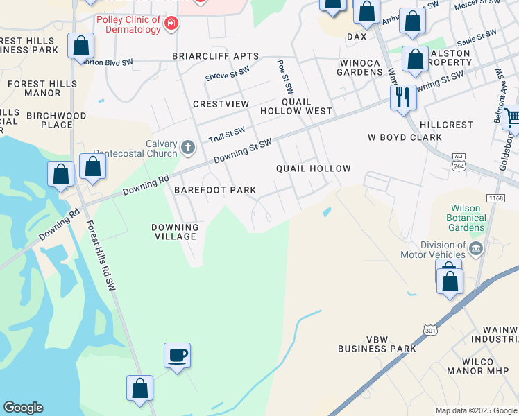map of restaurants, bars, coffee shops, grocery stores, and more near 2208 Smallwood Street Southwest in Wilson