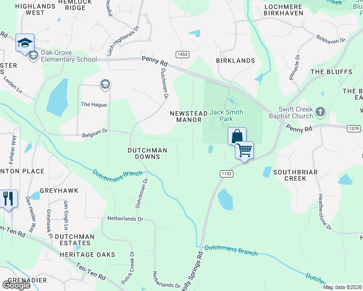 map of restaurants, bars, coffee shops, grocery stores, and more near 7801 Belgium Drive in Raleigh
