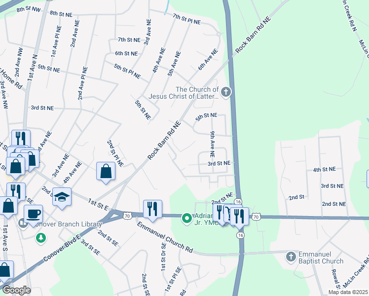map of restaurants, bars, coffee shops, grocery stores, and more near 12 Conners Mobile Home Park in Conover