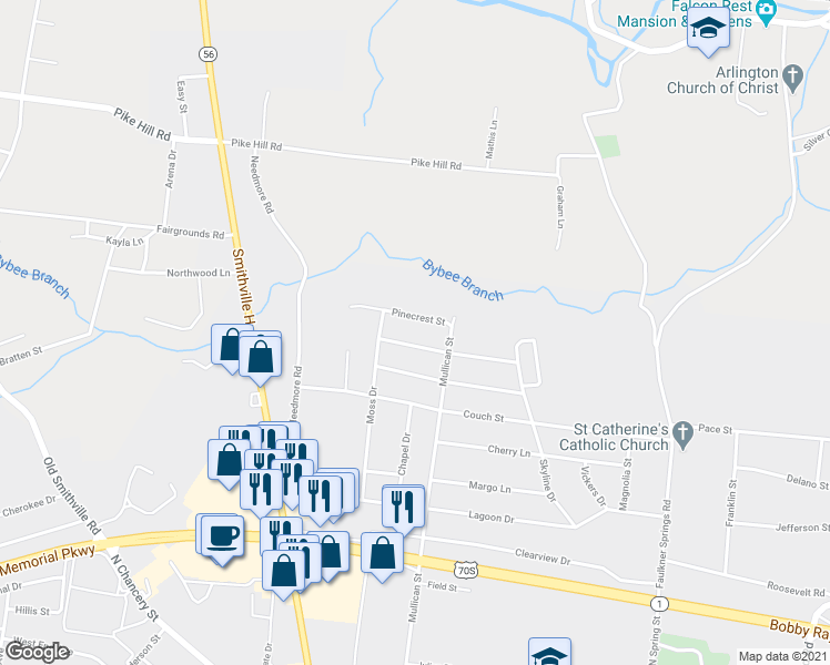 map of restaurants, bars, coffee shops, grocery stores, and more near 416 Greggview Street in McMinnville