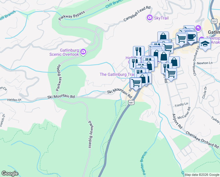 map of restaurants, bars, coffee shops, grocery stores, and more near 308 Ski Mountain Road in Gatlinburg