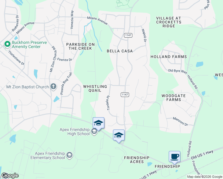 map of restaurants, bars, coffee shops, grocery stores, and more near 2527 Grouse Trail in Apex