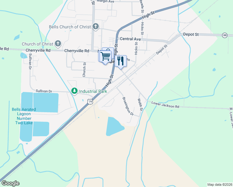 map of restaurants, bars, coffee shops, grocery stores, and more near 181 Depot Street in Bells