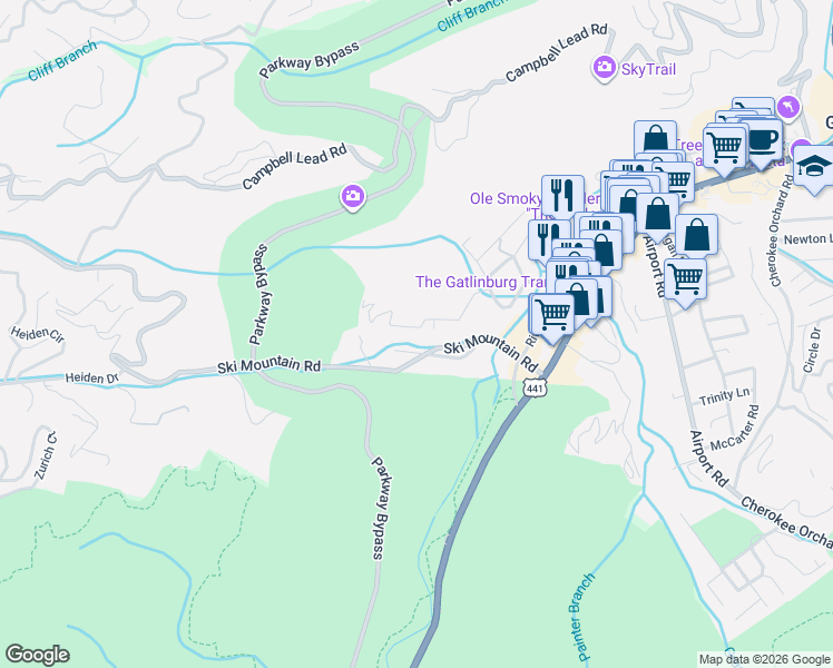 map of restaurants, bars, coffee shops, grocery stores, and more near 453 Winfield Heights Road in Gatlinburg