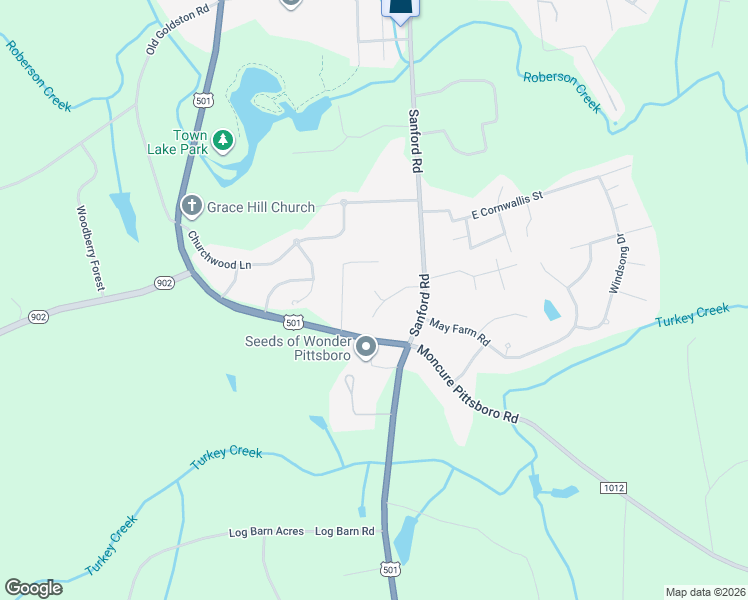 map of restaurants, bars, coffee shops, grocery stores, and more near 126 Evergreen Drive in Pittsboro