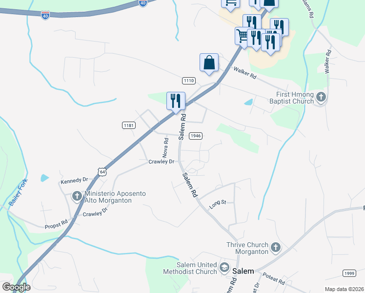 map of restaurants, bars, coffee shops, grocery stores, and more near 101 Pony Street in Morganton