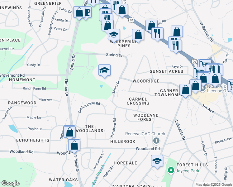 map of restaurants, bars, coffee shops, grocery stores, and more near 1832 Spring Drive in Garner