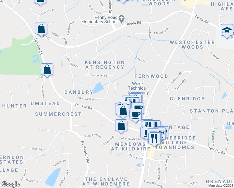 map of restaurants, bars, coffee shops, grocery stores, and more near 109 Darby Gale Drive in Cary