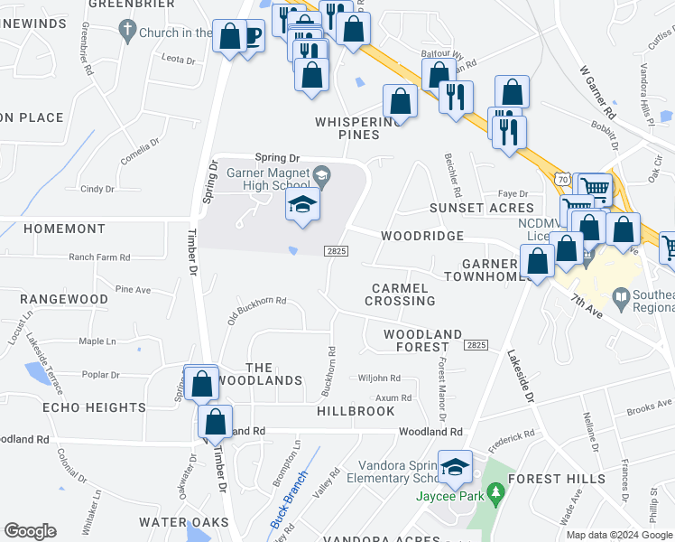 map of restaurants, bars, coffee shops, grocery stores, and more near 1834 Spring Drive in Garner