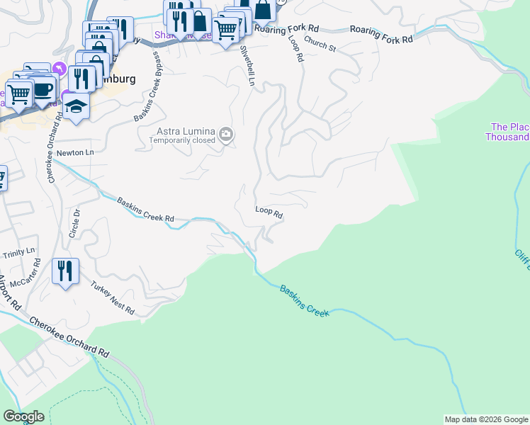 map of restaurants, bars, coffee shops, grocery stores, and more near 610 Loop Road in Gatlinburg